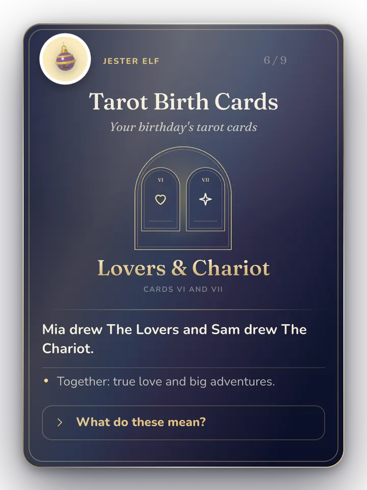 Tarot Birth Cards from the Jester Elf, read from birth dates: Mia drew The Lovers and Sam drew The Chariot.